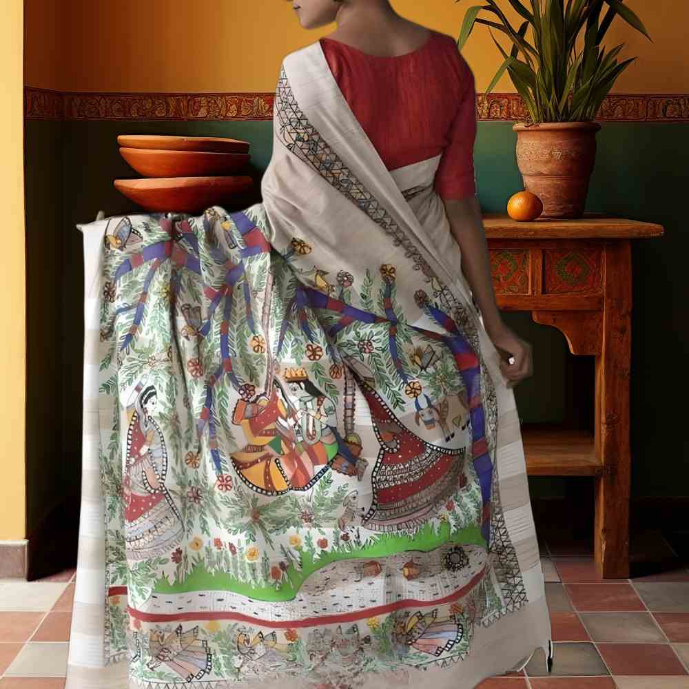 Tussar Saree with Madhubani Bride, Doli, and Kaahar Painting